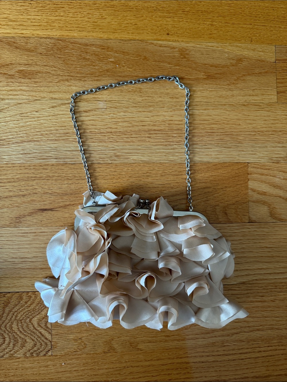 Ruffle Evening Clutch in Beige with Chain Strap